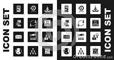 Set Rocket, Human resources, Speech bubble chat, Chat messages on phone, Browser files, Target with arrow, lamp bulb and Vector Illustration