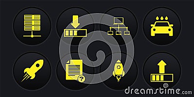 Set Rocket ship with fire, Car wash, Unknown document, , Computer network and Loading icon. Vector Vector Illustration