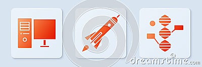 Set Rocket ship with fire, Computer monitor and DNA symbol. White square button. Vector Vector Illustration