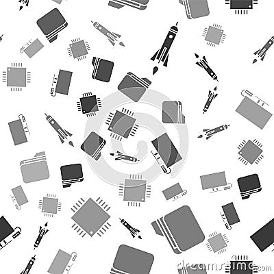 Set Rocket ship with fire, Document folder, Smart Tv and Processor with microcircuits CPU on seamless pattern. Vector Vector Illustration