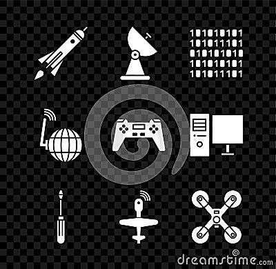 Set Rocket ship with fire, Radar, Binary code, Screwdriver, UAV Drone, flying, Social network and Gamepad icon. Vector Vector Illustration