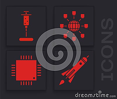 Set Rocket ship with fire, Syringe, Social network and Processor with microcircuits CPU icon. Vector Vector Illustration