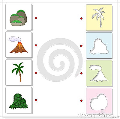 Set of rocks covered with moss, volcanic eruption, palm tree and Vector Illustration
