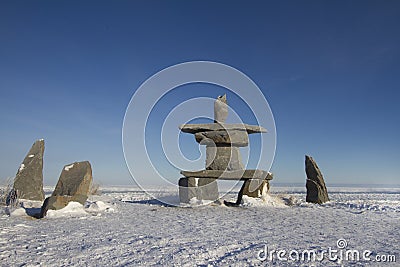 Set of rocks and a inuksuk or inukshuk found near Churchill Stock Photo