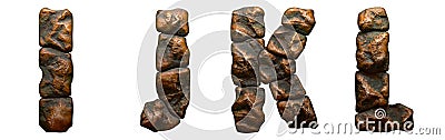 Set of rocky letters I, J, K, L. Font of stone on white background. 3d Stock Photo