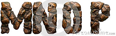 Set of rocky letters M, N, O, P. Font of stone on white background. 3d Stock Photo