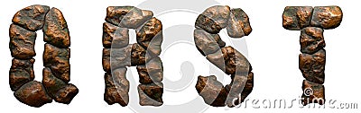 Set of rocky letters Q, R, S, T. Font of stone on white background. 3d Stock Photo