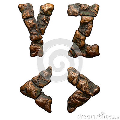 Set of rocky letters Y, Z and symbols left and right angle bracket. Font of stone on white background. 3d Stock Photo