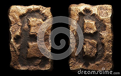 Set of rocky symbols lira and baht. Font of stone on black background. 3d Stock Photo