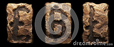 Set of rocky symbols lira, baht, litecoin. Font of stone on black background. 3d Stock Photo