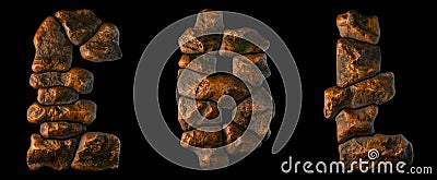 Set of rocky symbols lira, litecoin and dashcoin. Font of stone on black background. 3d Stock Photo