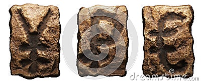 Set of rocky symbols yen, rouble and euro. Font of stone on white background. 3d Stock Photo