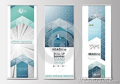 Set of roll up banner stands, flat design templates, geometric style, modern business concept, corporate vertical flyers Vector Illustration