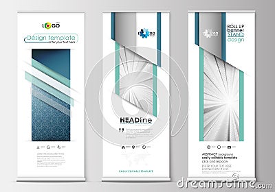 Set of roll up banner stands, flat design templates, geometric style, modern business concept, corporate vertical flyers Vector Illustration