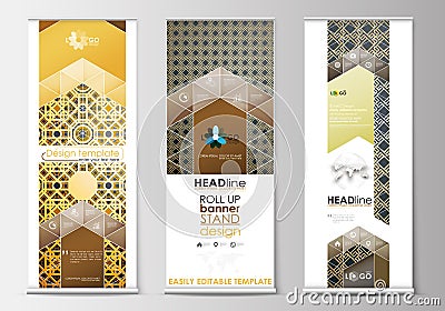 Set of roll up banner stands, flat design templates, modern business concept, corporate vertical flyers. Islamic gold Vector Illustration