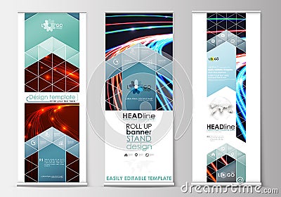 Set of roll up banner stands, flat templates, geometric style, modern business concept, corporate vertical flyers Vector Illustration