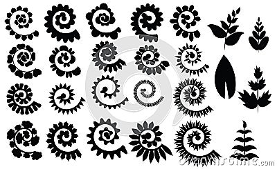 Set rolled flowers. Collection rolled paper flower. Black white vector illustration for scrapbooking. Plotter cutting Vector Illustration