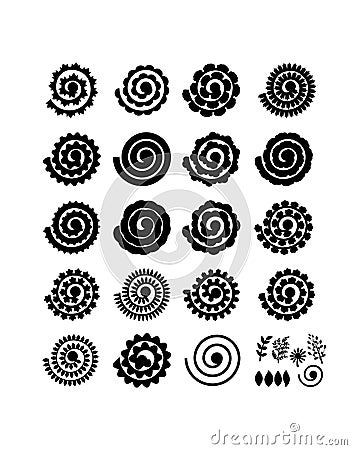 Set of rolled flowers, leaves. Collection rolled paper flower. Black color. Vector silhouettes for scrapbooking Vector Illustration