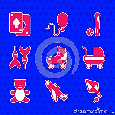 Set Roller skate, Toy plane, Kite, Baby stroller, Teddy bear plush toy, Dart arrow, Baseball bat with ball and Playing Vector Illustration