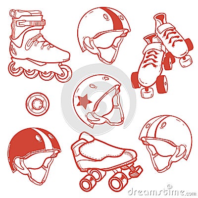 Set of roller skates quads helmet wheel Vector Illustration