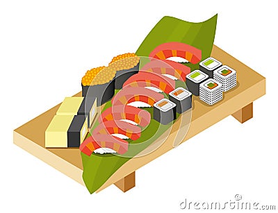 The set of rolls, sushi, salmon with rice, salmon caviar on a wooden stand. Cartoon Illustration