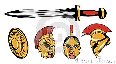 Set of roman or spartan warrior head, spartan helmet for head with roman armor and sword, spartan warrior colored drawing Vector Illustration