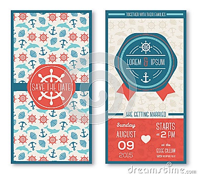 Set of romantic wedding invitations in marine Vector Illustration