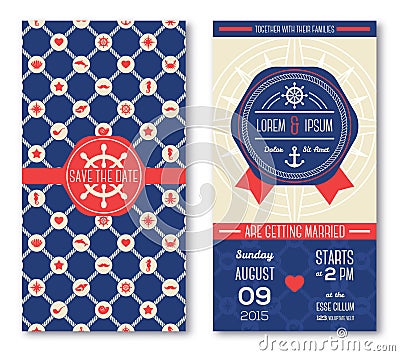 Set of romantic wedding invitations in marine Vector Illustration