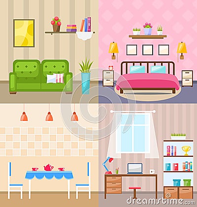 Set Room Interiors with Furniture Flat Icons Vector Illustration