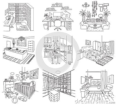 Set of rooms in the house including, working room, living room, bathroom, dressing room, baby room,kitchen and library for printin Vector Illustration
