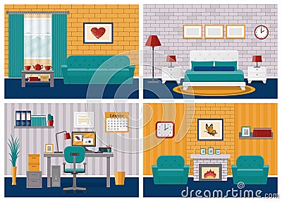 Set of rooms interiors in flat design. Vector illustration. Vector Illustration