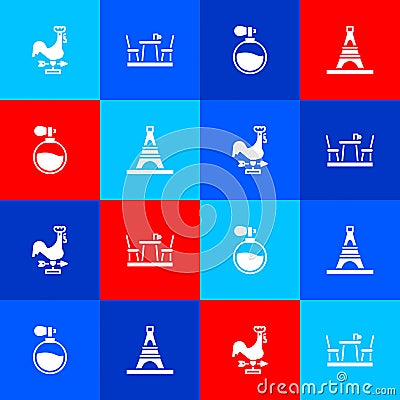 Set Rooster weather vane, French cafe, Perfume and Eiffel tower icon. Vector Vector Illustration