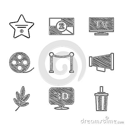 Set Rope barrier, 3D word, Paper glass with water, Megaphone, Movie trophy, Film reel, Smart Tv and Walk of fame star Vector Illustration