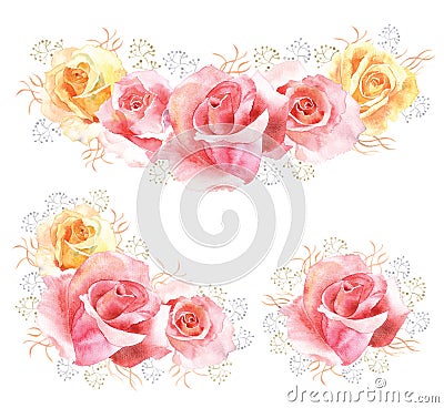 Set of rose watercolor flower bouquets Stock Photo