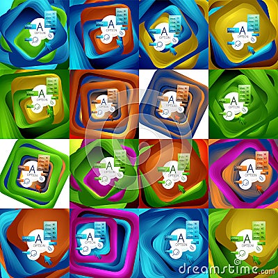 Set of rotating swirl square backgrounds, color rectangles with stepping blending effect with sample infographics or Vector Illustration