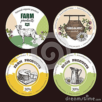 Set of round backgrounds. Goat, head of cheese on a wooden board, wooden sign, jug and wildflowers. Vector Illustration