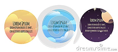 Set of round banners with sky and clouds and place for text. Vector Illustration