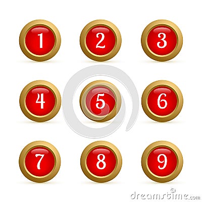 Set of round buttons with numbers from 1 to 9. Glossy red and gold buttons isolated on white. Numbered badges vector icons. 3d Vector Illustration