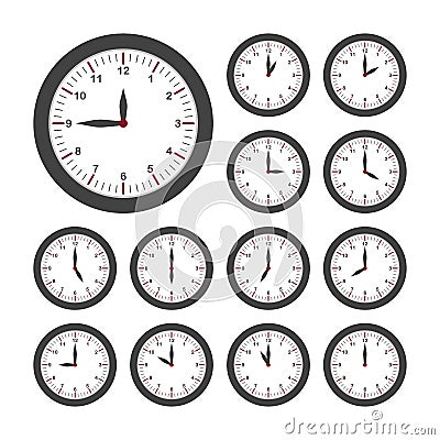 Set of round clocks for every hour. Analog clock with circle shape, time and minutes. Vector Vector Illustration