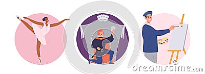 Set of round composition of people character engaged in creative profession and hobby occupation Vector Illustration