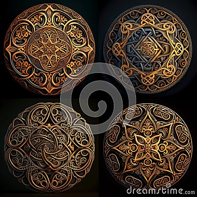 Set of round decorative Indian mandalas. Isolated illustration on black background Stock Photo