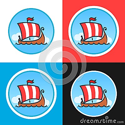 Set of Round Emblems with Drakkars Vector Illustration