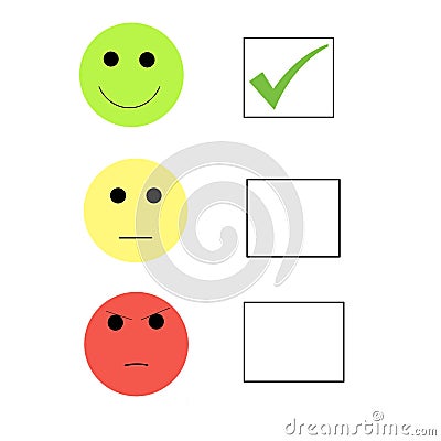 Set of round faces with checkboxes on white background. Three colored faces expressing good level of satisfaction. Stock Photo