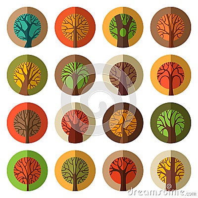 Set of round flat autumn tree icons. Vector Illustration