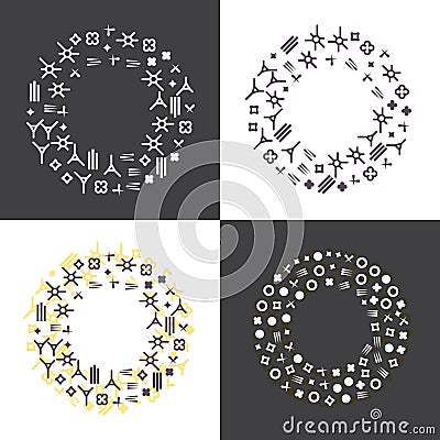 set of round flat banners with geometric decorations. Circle empty frames, wreath. Memphis style. Templates for graphic Vector Illustration
