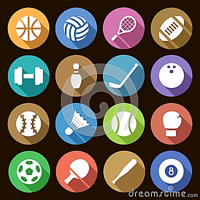 Set of round flat simple icons of sports equipment with shadow effect Vector Illustration