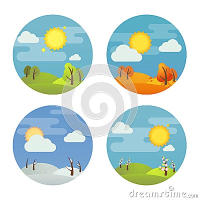 Set of round four season icons: summer, winter, spring, autumn. Stock vector illustration. Vector Illustration
