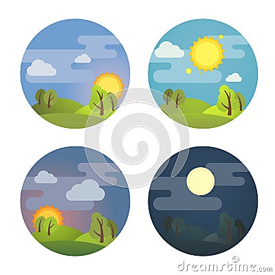 Set of round four times of day icons: morning, day, evening, night. Stock vector illustration. Vector Illustration