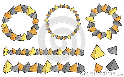 Set of round frame with 3d pyramids, seamless border and single element. Childrens template with toys. Element for brush Vector Illustration