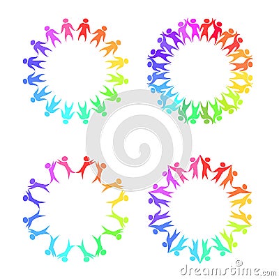 Set of round frames with rainbow people holding hands. Vector Illustration